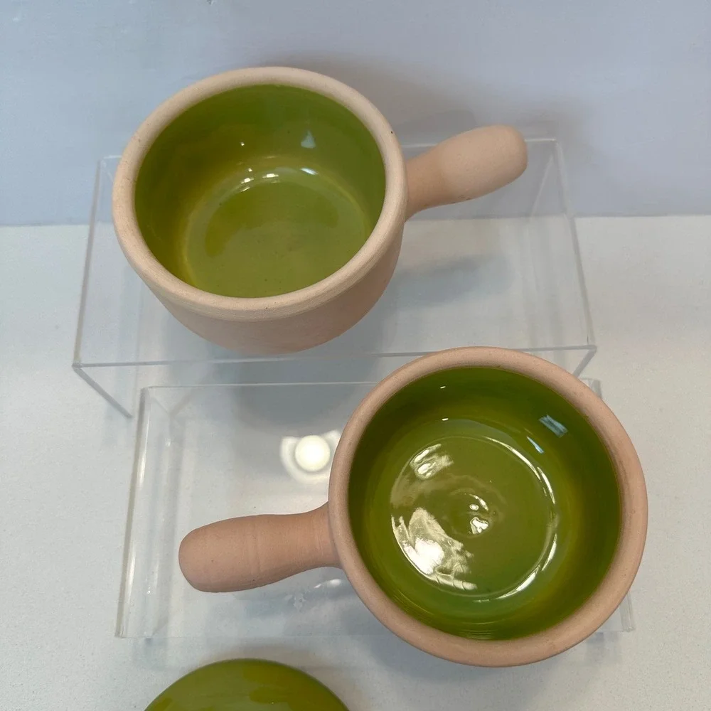 Vintage Solana‎ Ware Bergstrom & French Terracotta Lidded Soup Bowls Green Set 2